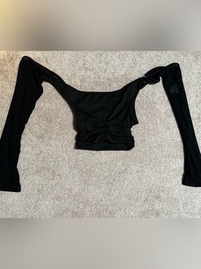 Rave Ruched Black with Mesh Long-Sleeve Crop Top Off the Shoulders